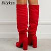 Fashion Eilyken Winter Women Pointed Toe Folds Flock Warm Knee-High Boot  Fashion Concise Ladies High Heels Shoes