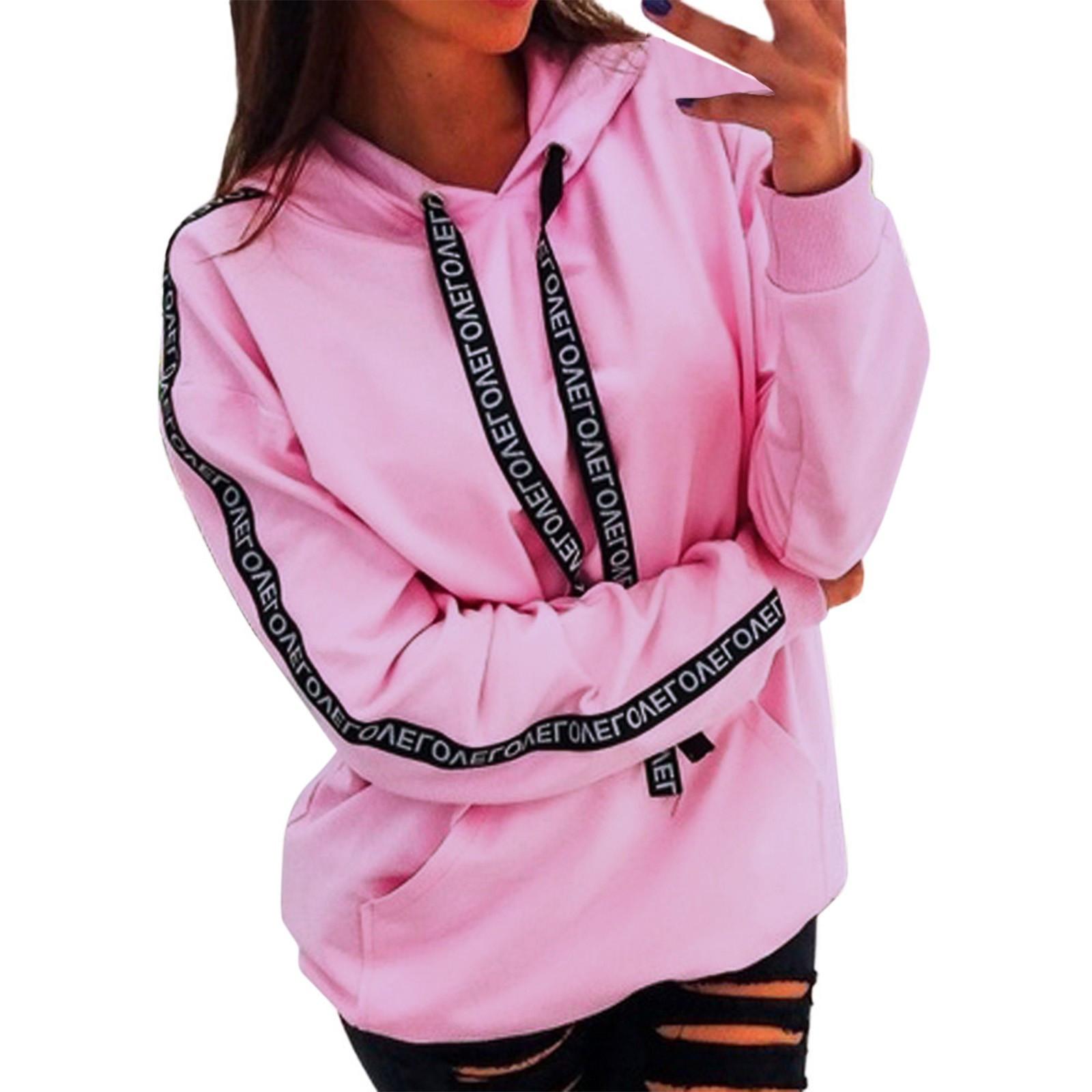 

(Ценить) Женщины плюс размер с длинным рукавом сплошной свитер с капюшоном пуловеры топы рубашка M розовый