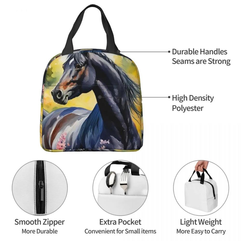Enchanted Black Horse In Flowers Print Insulated Lunch Bag for Women Children Portable Food Boxes Thermal Lunch Box Tote