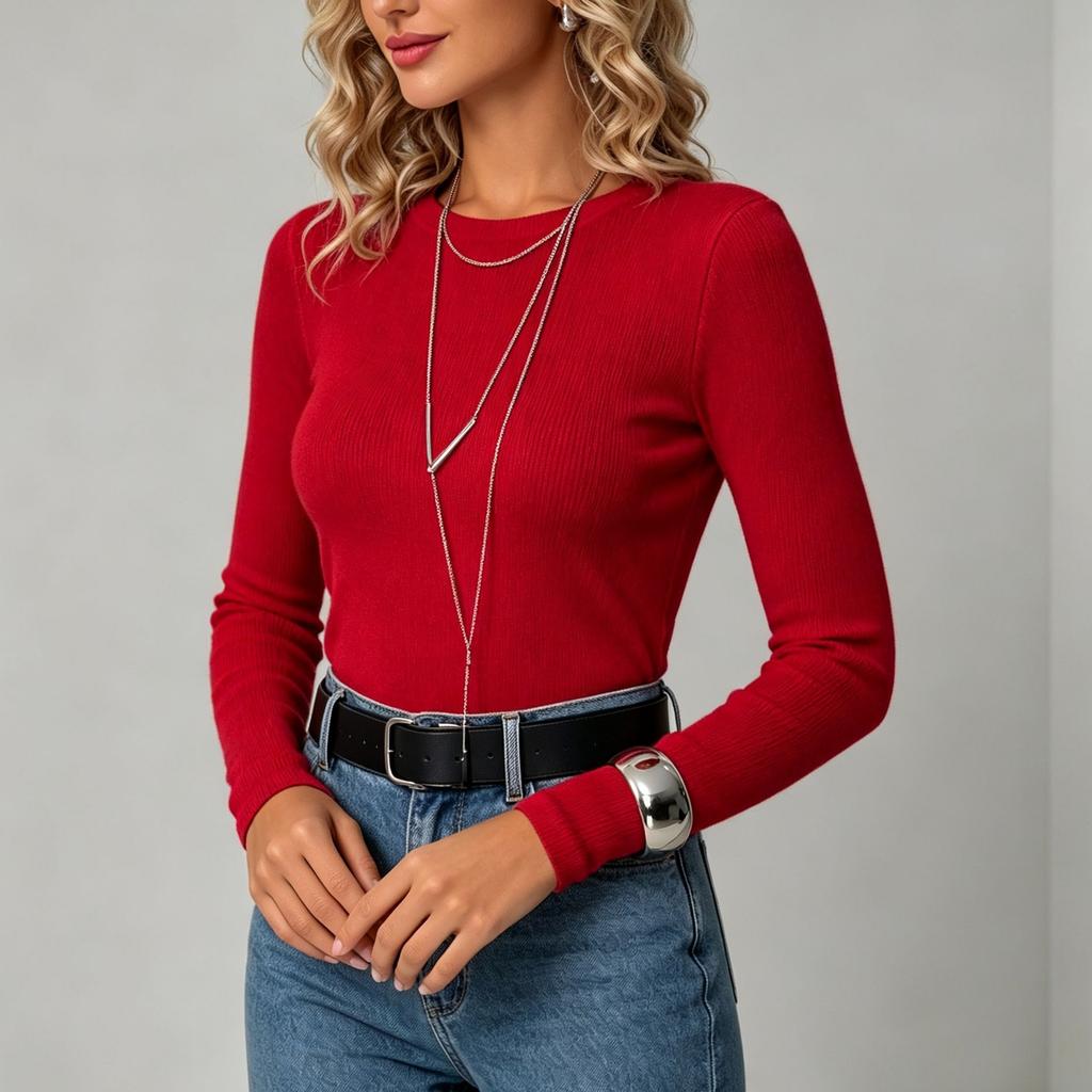 Maglietta a maniche lunghe a costine da donna, top basic casual