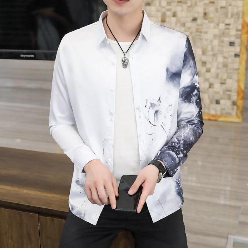 Men's Ink Wash Print Long Sleeve Button Down Shirt Casual Streetwear Top
