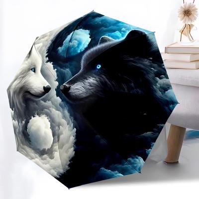 1pc Wolf YinYang Automatic Open/Close Umbrella Compact Folding Umbrella, All-Season Portable Umbrella for Women/Men F1124096