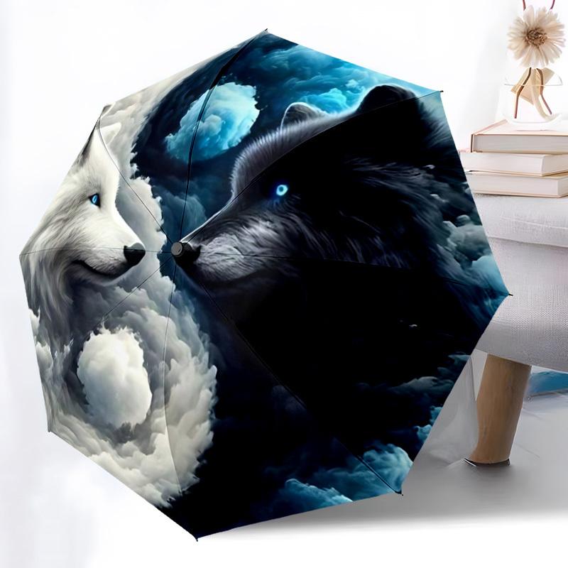 1pc Wolf YinYang Automatic Open/Close Umbrella Compact Folding Umbrella, All-Season Portable Umbrella for Women/Men096