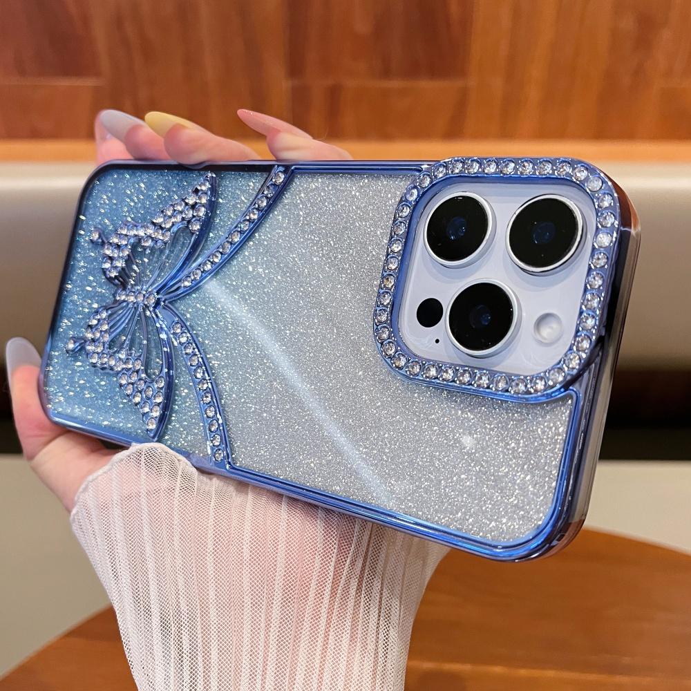 For iPhone 16 Pro Max Rhinestone Butterfly Cover For iPhone 11 12 13 14 15 Plus Gradient Color Flash Electroplated Luxury Shell