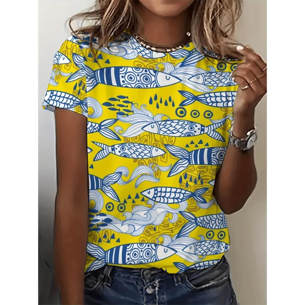 T-shirt Colorate Pesci Estivi Stampa 3D Donna Manica Corta Girocollo T-shirt Moda Casual Magliette Harajuku Y2k Top Abbigliamento Femminile