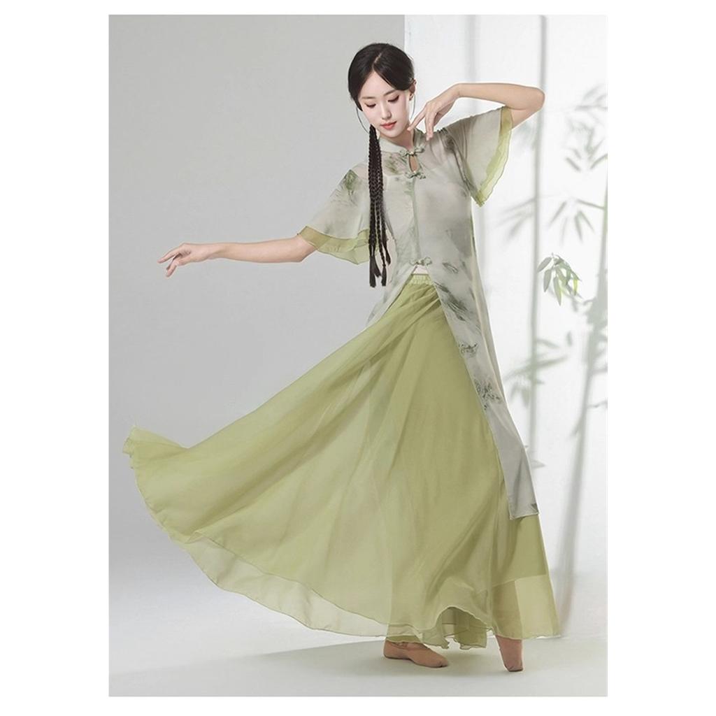 Women's Chinese Traditional Dance Dress, Bamboo Print Cheongsam Style Flowy Practice Costume For Tea Art & Folk Dance