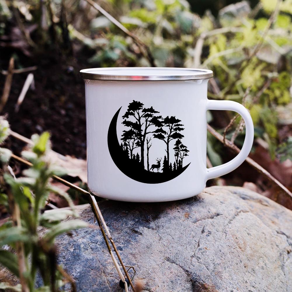 Sunset Forest Creek Creative Enamel Coffee Mugs Outdoor Travel Water Cups Camping Bonfire Party Beer Drink Milk Mug Best Gifts