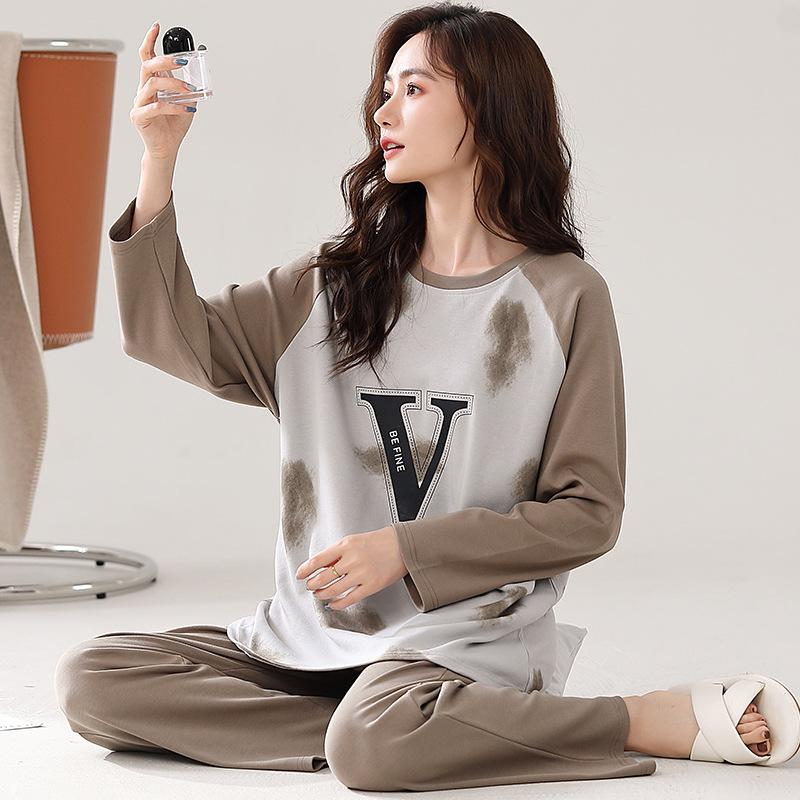 

Пижама Женская Хлопковая с Длинным Рукавом Хлопковый Милый Домашний Комплект Можно Носить На Улице 3XL