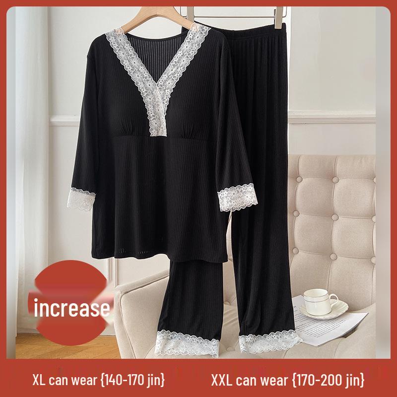 Spring V-neck Long-sleeve Pajama Set with Built-in Bra Pads - Plus Size