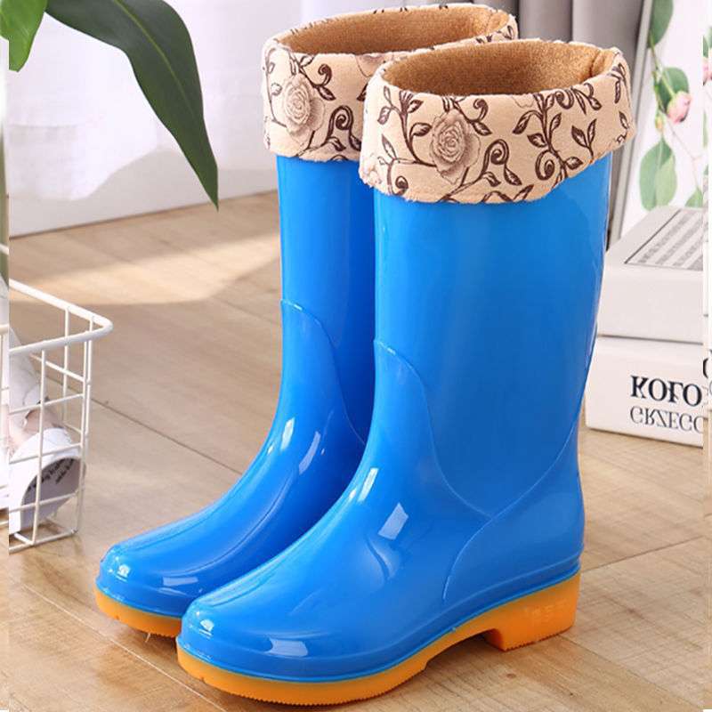 High rain boots rain shoes waterproof shoes glue shoe cover shoes women's fashion medium tube velvet cotton warm adult non-slip kitchen summer