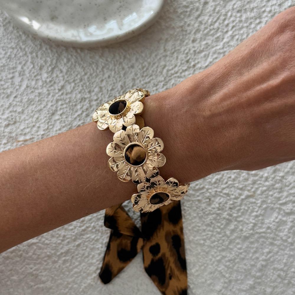 Leopard Print Silk Scarf Cuff Bangles Ribbon-Wrapped Hollow Flower Metal Wide Bracelet Vintage Adjustable Ethnic Style Wristband