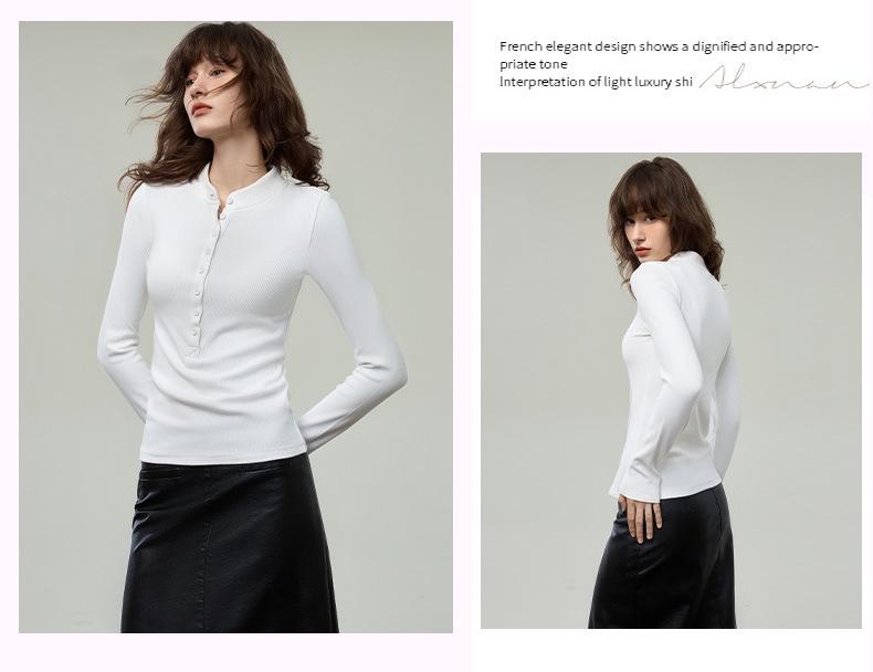 2025 Autumn Women's Long Sleeve Henley Top - Slim Fit Knit with Button Detail