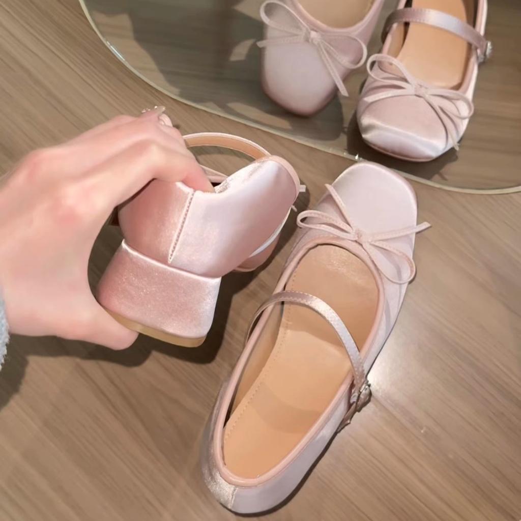 Blue Cabinet Heightening Pink Satin Bow High Heel Mary Jane Shoes Women's Thick Heel Soft Sole Versatile Ballet Single Shoes Women