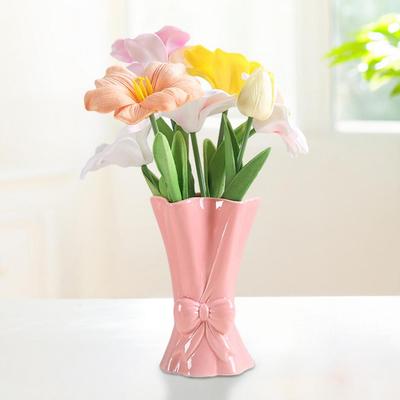 Ceramic Vase With Bow Knot Accent Pink White Bow/Handbag/Bouquet Flower Vase For Living Room Shelf Table Desktop Decoration