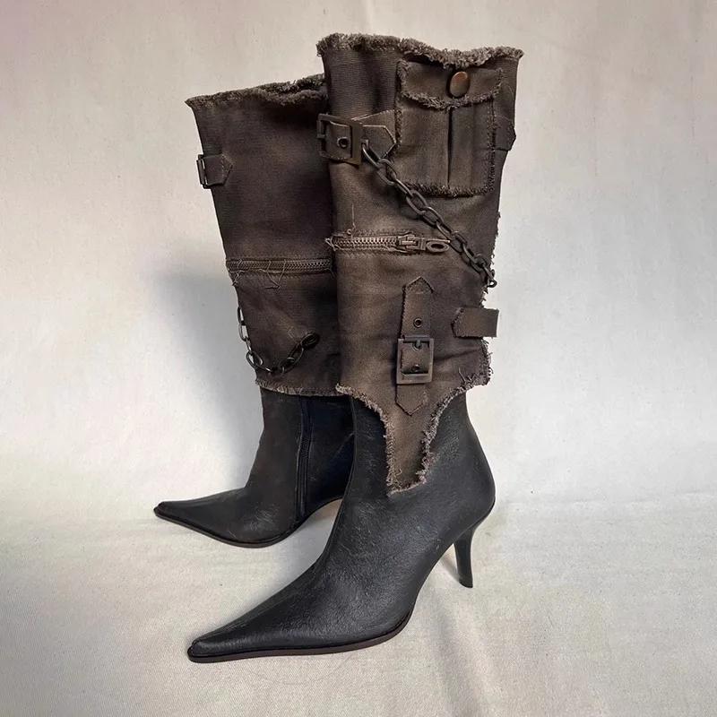 Vintage Pointed Belt Buckle Western Cowboy Boot Women's Fashion Metal Chain Detachable Two Wear Tooling Women's Boots 35-39