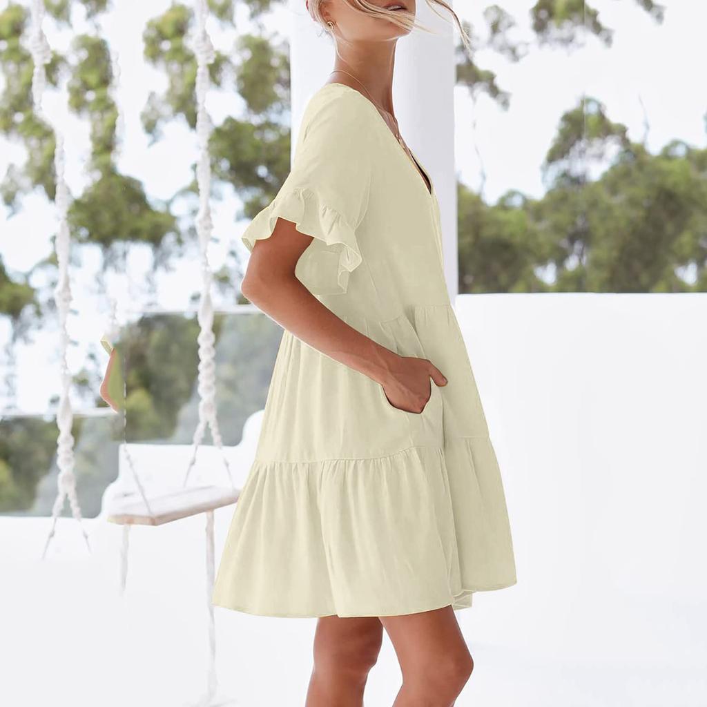 Women's Casual Short Sleeve Down Dress Summer Ruffle Pocket Elastic Waist A-Line Swing Dresses