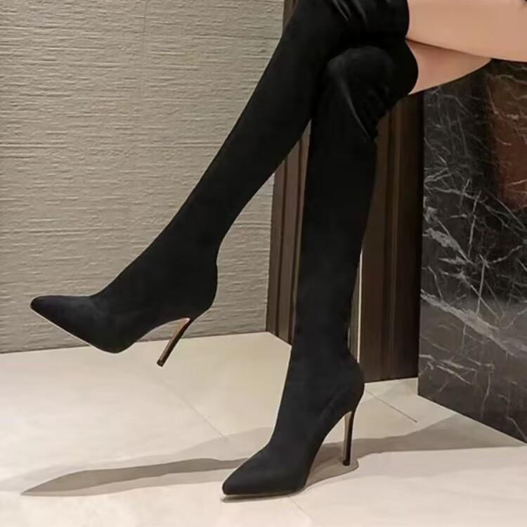 Pointed High-heeled Boots for Women's Autumn and Winter New Black Suede Elastic Thin Boots Over the Knee Thin Heel Elastic Boots