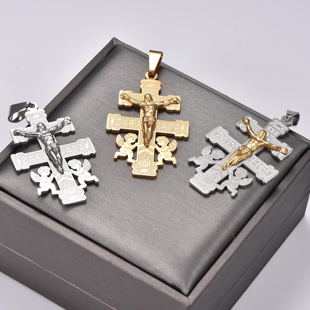 Retro Stainless Steel Little Angel Jesus Crucifix Cross Pendant Necklace Chain for Women Men Prayer Faith Charms Metal Jewelry
