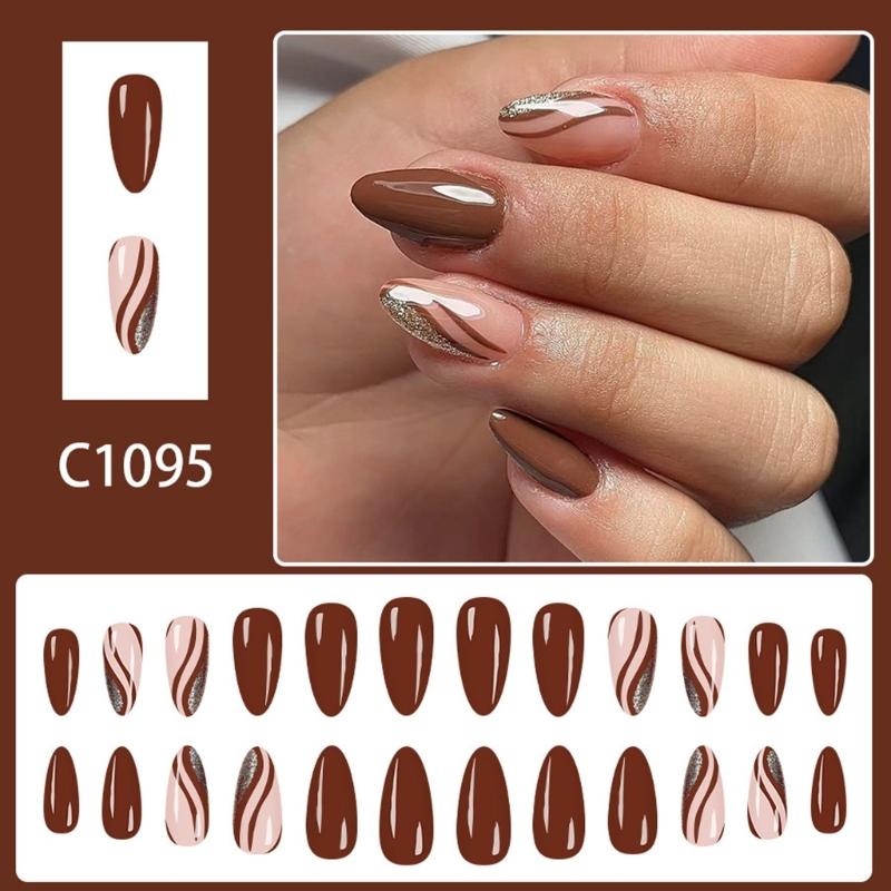 Eleganta Kaffebruna Glitters Press On Nagel Återanvändbar Lösnagel För Kvinnor Fest Bröllop Daglig Användning Enkel Applicering