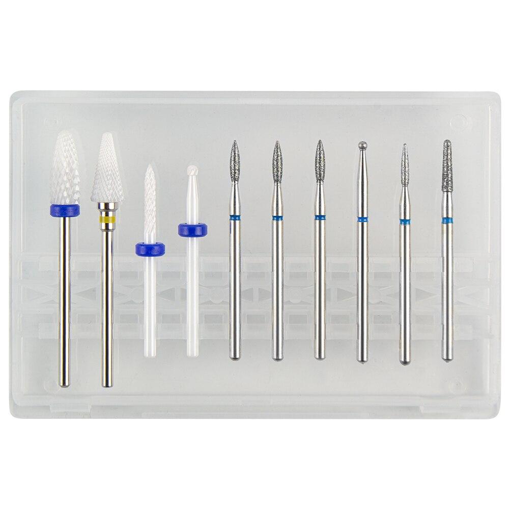 Sada 10ks fréz na manikúru Keramické vrtáky na nehty Čistič kartáč Diamantový mlýnek Příslušenství pro odstranění gelového laku