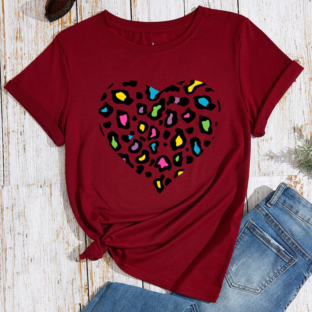 Heart Leopard Pattern Cotton T-Shirt Short Sleeve Round Neck Women 2d Print Tops