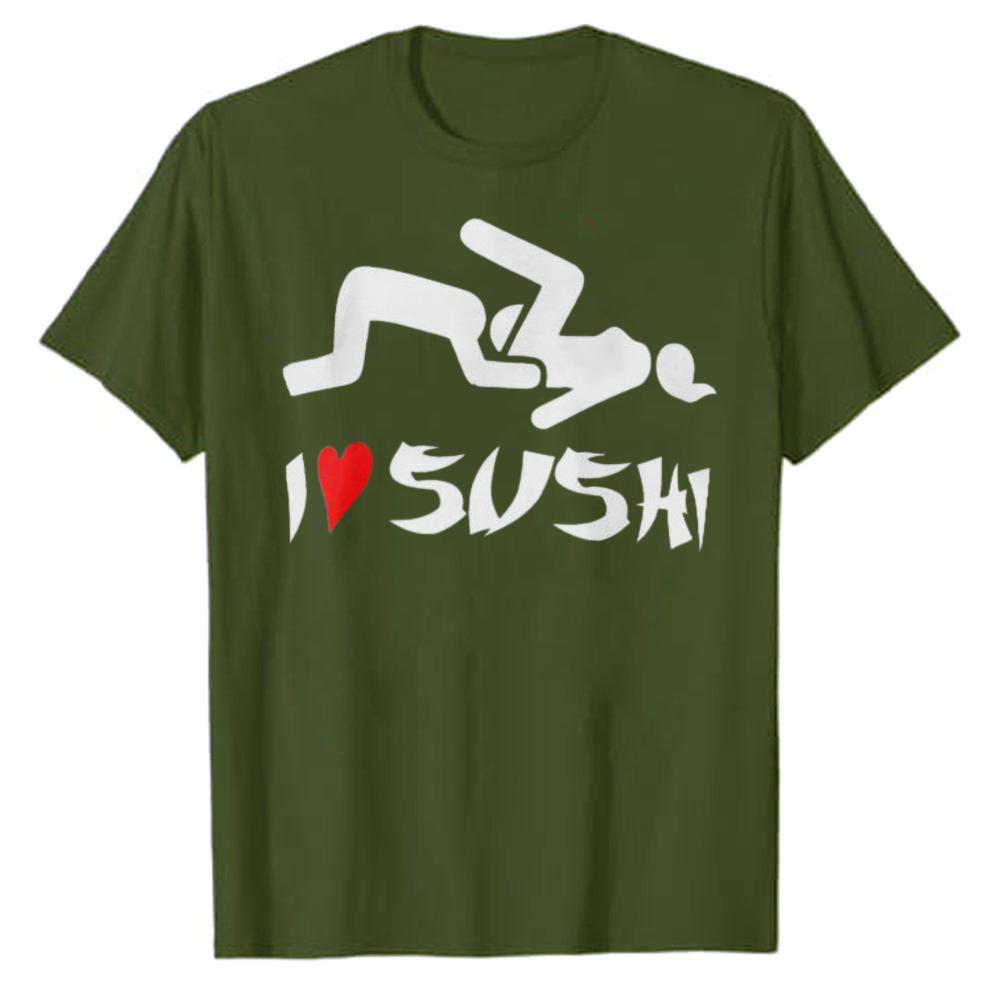 Abstract Brush Calligraphy I Love Sushi Red Heart Graphic Cotton Tshirt Japanese Food Retro Streetwear Loose Unisex Daily Tops