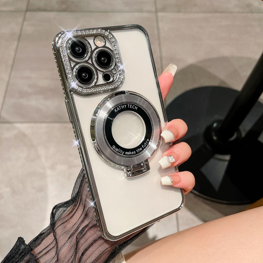 Applicable to iPhone15 rhinestone magnetic leakage label holder, mobile phone case 13 Apple 14 electroplating transparent TPU12 soft case