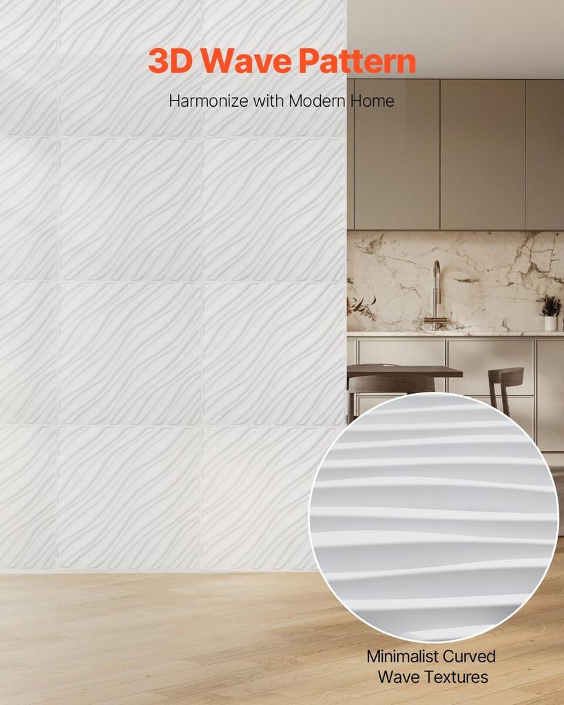 3D Wall Panels 12-Pack 19.7x19.7'' PVC 32 Sq.Ft Coverage Wave Matte White