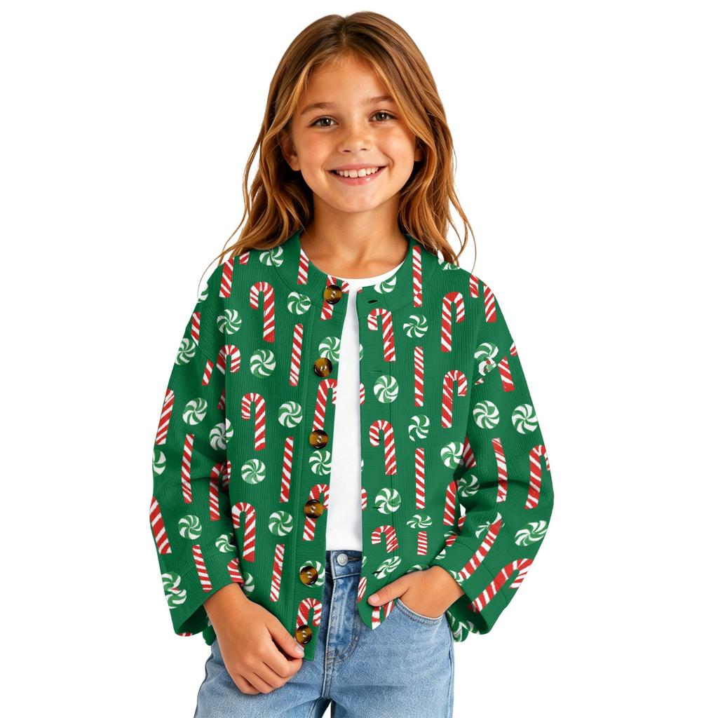 Girls' Fashion Button Front Christmas Print Cardigan for Holiday Outfits and Daily Wear