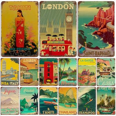 Travel Cities Plaque Metal Signs Vintage Poster Japan Thailand Italy Landscape Retro Plate Art Painting Home Bar Pub Club Decor