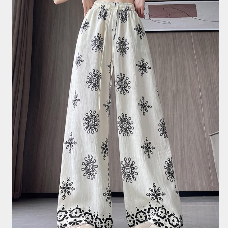 Summer Women Vintage Print Cotton And Linen Thin High Waist Wide Leg Pant Trouser For Girl