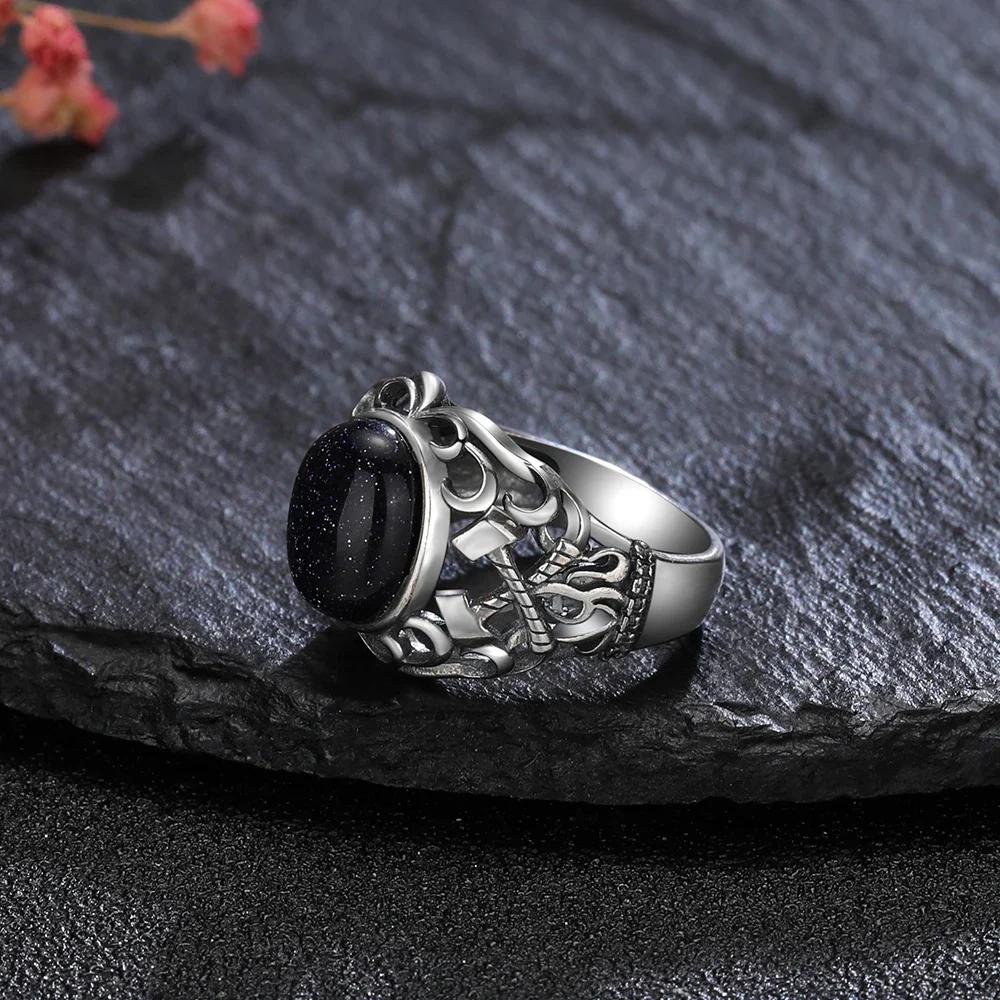 Natural 10*12MM Turquoise Blue Sandstone Ring S Silver Rings for Women Men Axe Hollow Design Wholesale