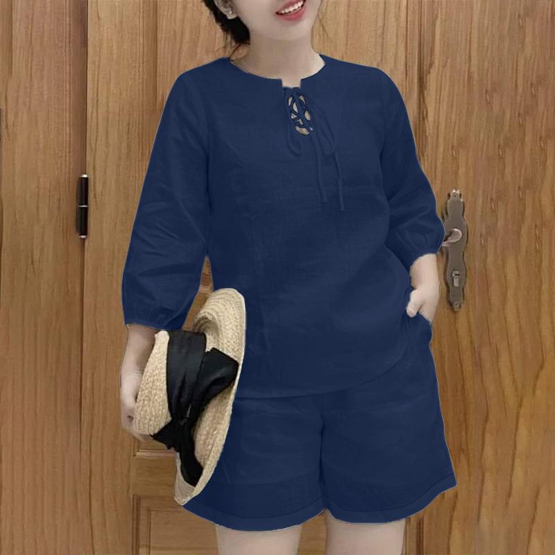 ZANZEA Women Long Sleeve Blouse and Shorts Summer Two Piece Suit Sets