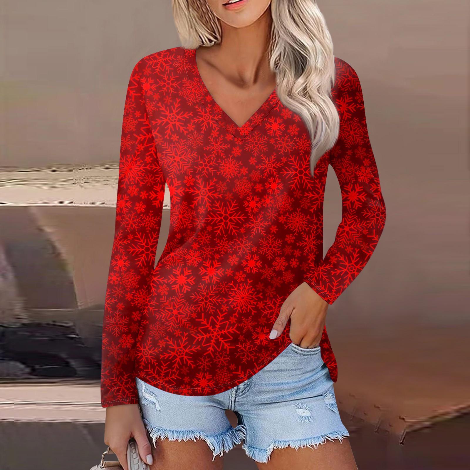 

Женский повседневный модный сексуальный удобный рождественский принтованный топ с V-образным вырезом и длинными рукавами L винный