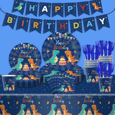 Blue Dinosaur Party Set Children'S Birthday Paper Plates Paper Cups Paper Towels Tableware Tablecloths Party Decorations