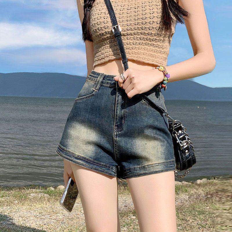 Women's Retro Distressed High-Waisted Denim Shorts - American Ins Style, Stretchy A-Line Bodycon Hot Pants