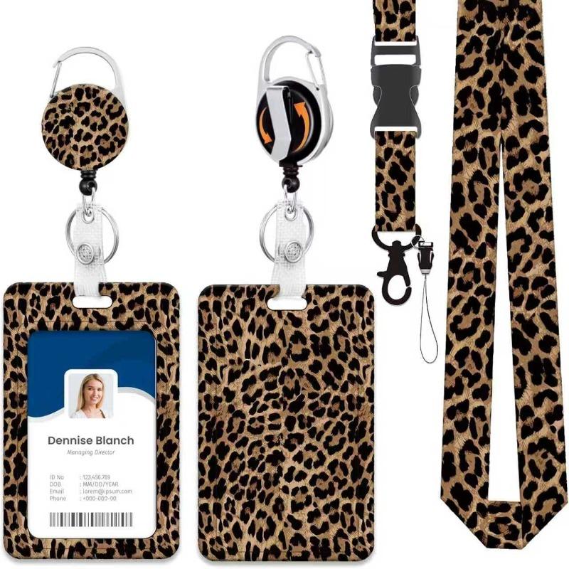 Leopard Print ID Badge Holder with Lanyard Retractable Badge Reel Belt Keychain Lanyards Clip Vertical ID Card Cover Sleeve Case