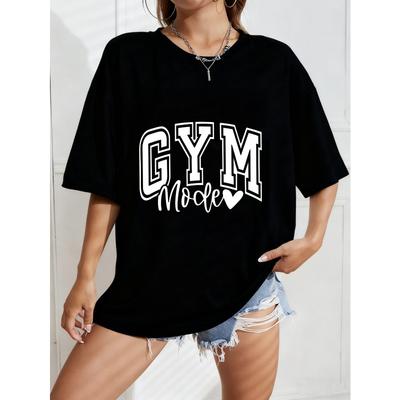 Βίντατζ Μαύρο Oversized T-Shirt με Γράμματα "GYM Mode" σε Αμερικανικό Στυλ + Σχέδιο Καρδιάς – Αθλητικό Ζωντανό Top