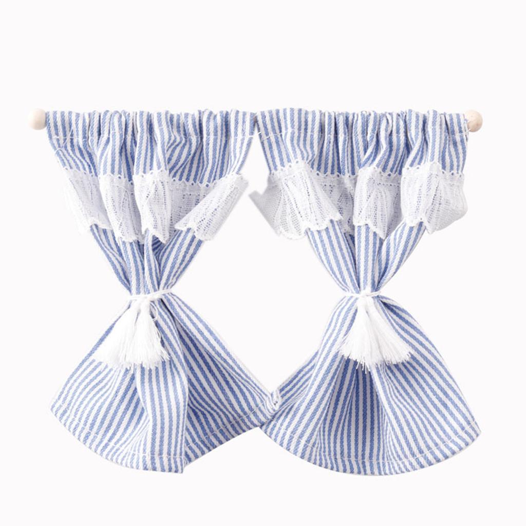 Fabric Miniature Dollhouse Window Curtain with Stripe Pattern Design For 1/12 Model Dollhouse Scene Decoration Accessory