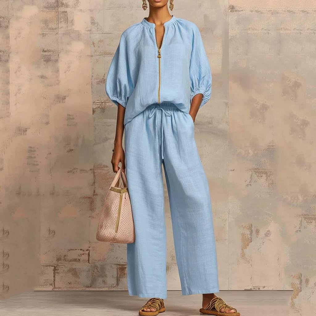 Fashionable And Sexy Women's Spring And Summer Retro Elastic Waist Strap Linen Suit Women's Fashion Color Casual Two-piece Set