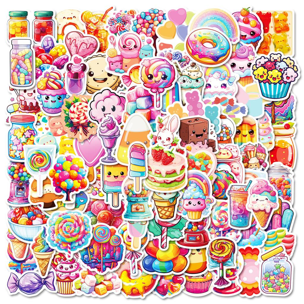100 Colorful Candy Cartoon Graffiti Stickers Lollipop Ice Cream Diy Decorative Handbook Girl Heart Sticker