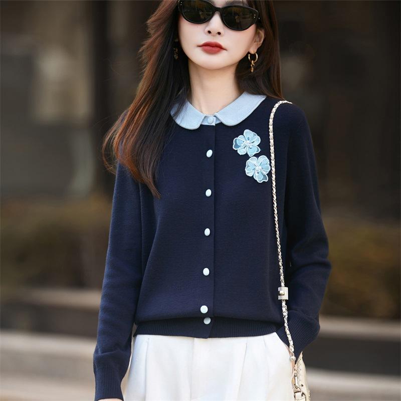 Autumn And Winter Worsted Wool Knitted Cardigan Women'S Lapel Small Fragrant Three-Dimensional Flower Jacket Color Matching Women'S Sweater