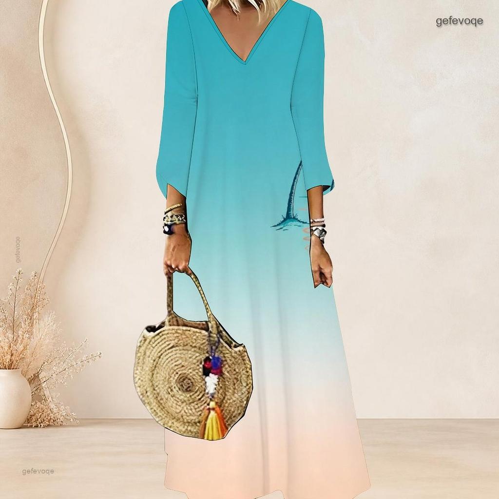 Women Plus Size V Neck Three Quarter Sleeve Palm Print Gradient Long Dress