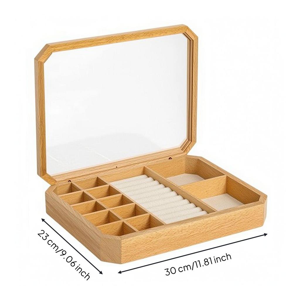 Wooden Jewelry Box with Compartments Divided Desktop for