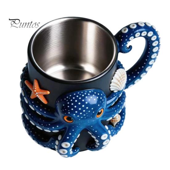 Heat Insulated Drinking Vessel Octopus Mug with Handle, Deep Sea Relief Design Resin Stainless Steel Ocean Theme Drinkware Coffee Cup, Cup for Office
