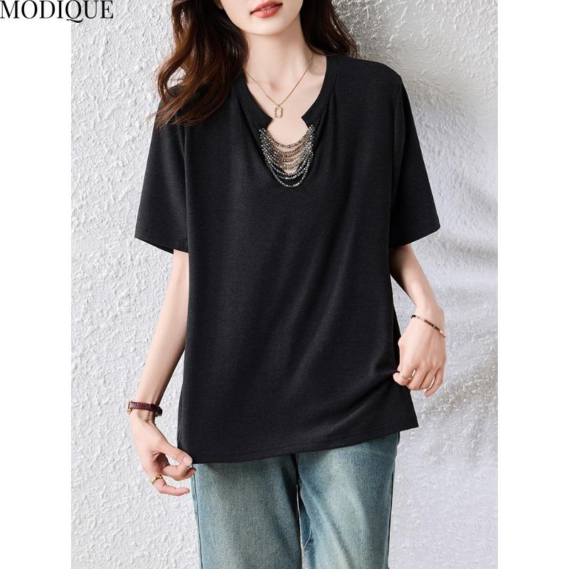 MODIQUE Spring Summer Plus Size New Women Loose Solid Blouse Shirts Female Casual Hollow Out Black Oversize Short Sleeve V-Neck Top
