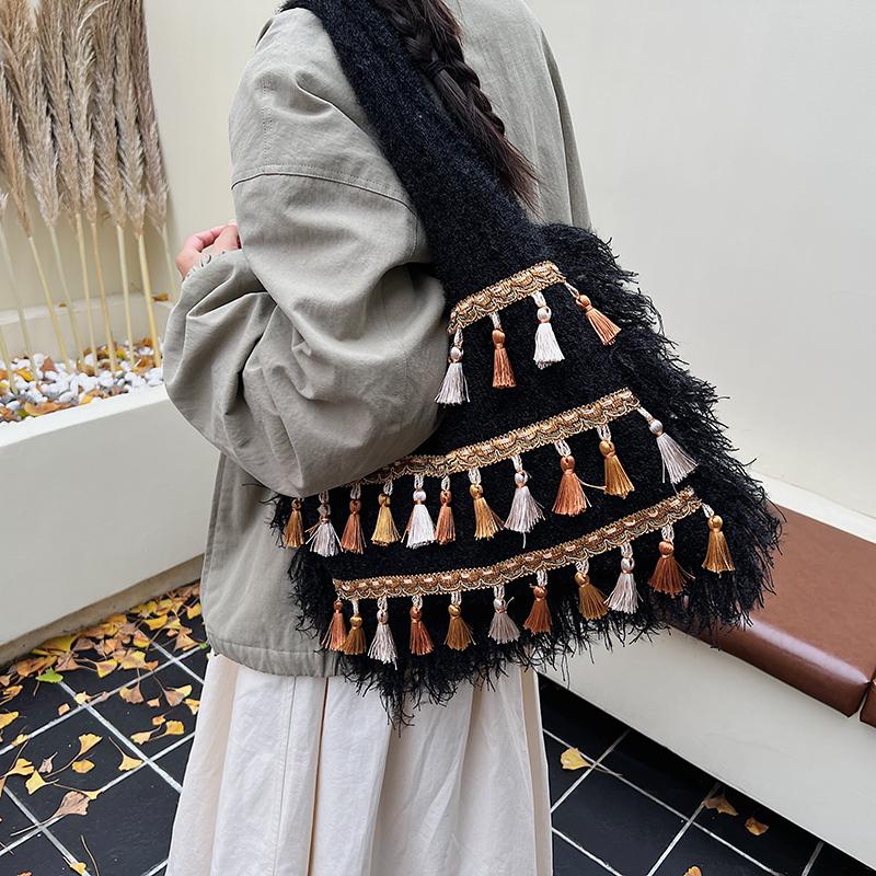 Knit Tassels Hobo Bags Bohemian Underarm Bag Ethnic Style Tote Bags for Women Work Shopping Travel Daily