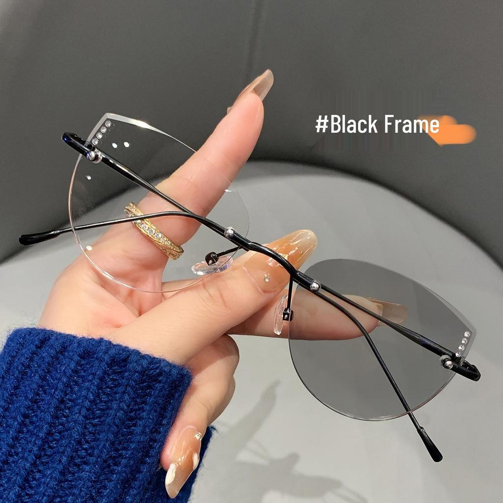 Rimless Gold Wire Myopia Glasses: Color-Changing, Photochromic, Ultra-Light, Blue Light Blocking – Stylish Internet Celebrity Design.