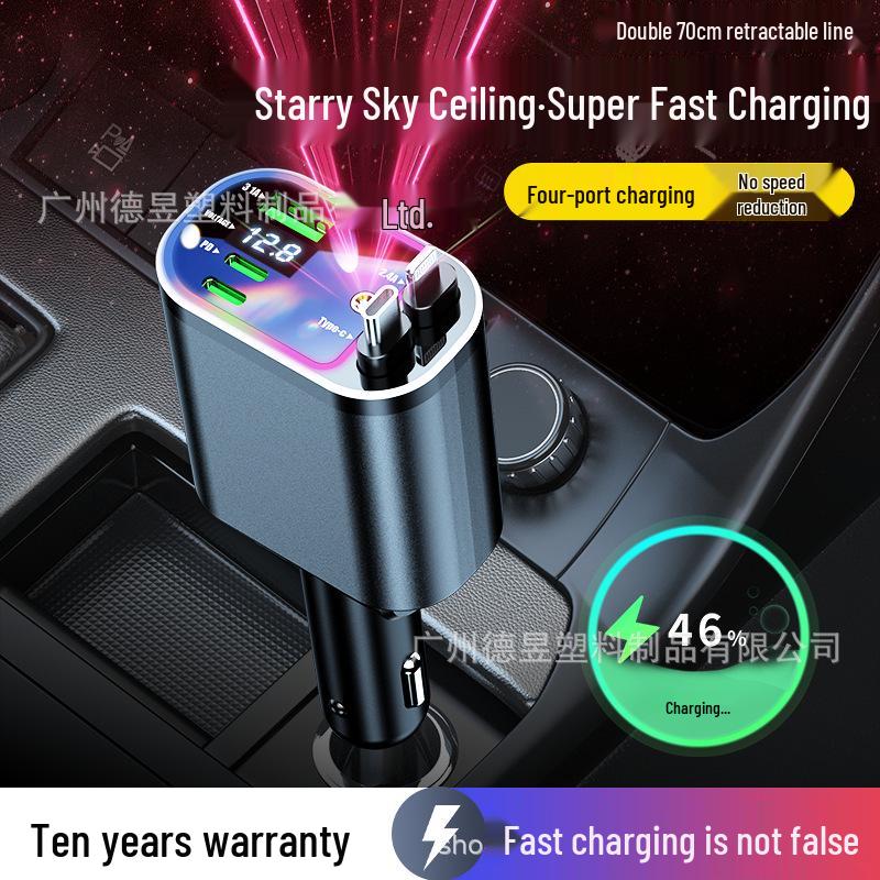 Hvězdná obloha Projektorové světlo 4 v 1 120W Nabíječka do auta s vysouvacím kabelem a rychlým nabíjením Digitální displej