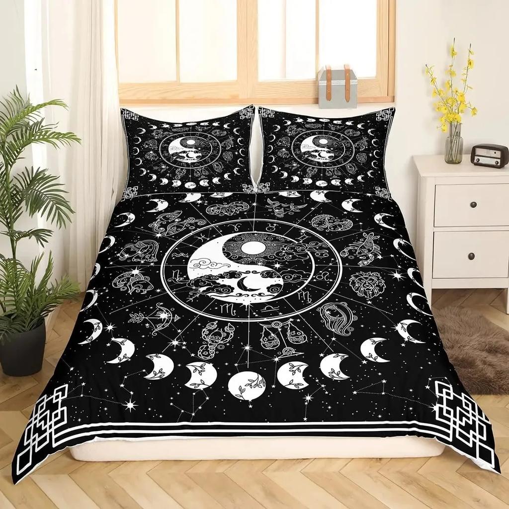 Schwarz-Weiß Bettbezug Set Böhmisches Mandala Bettwäscheset für Kinder Kind Yin und Yang Polyester Bettdeckenbezug King Size
